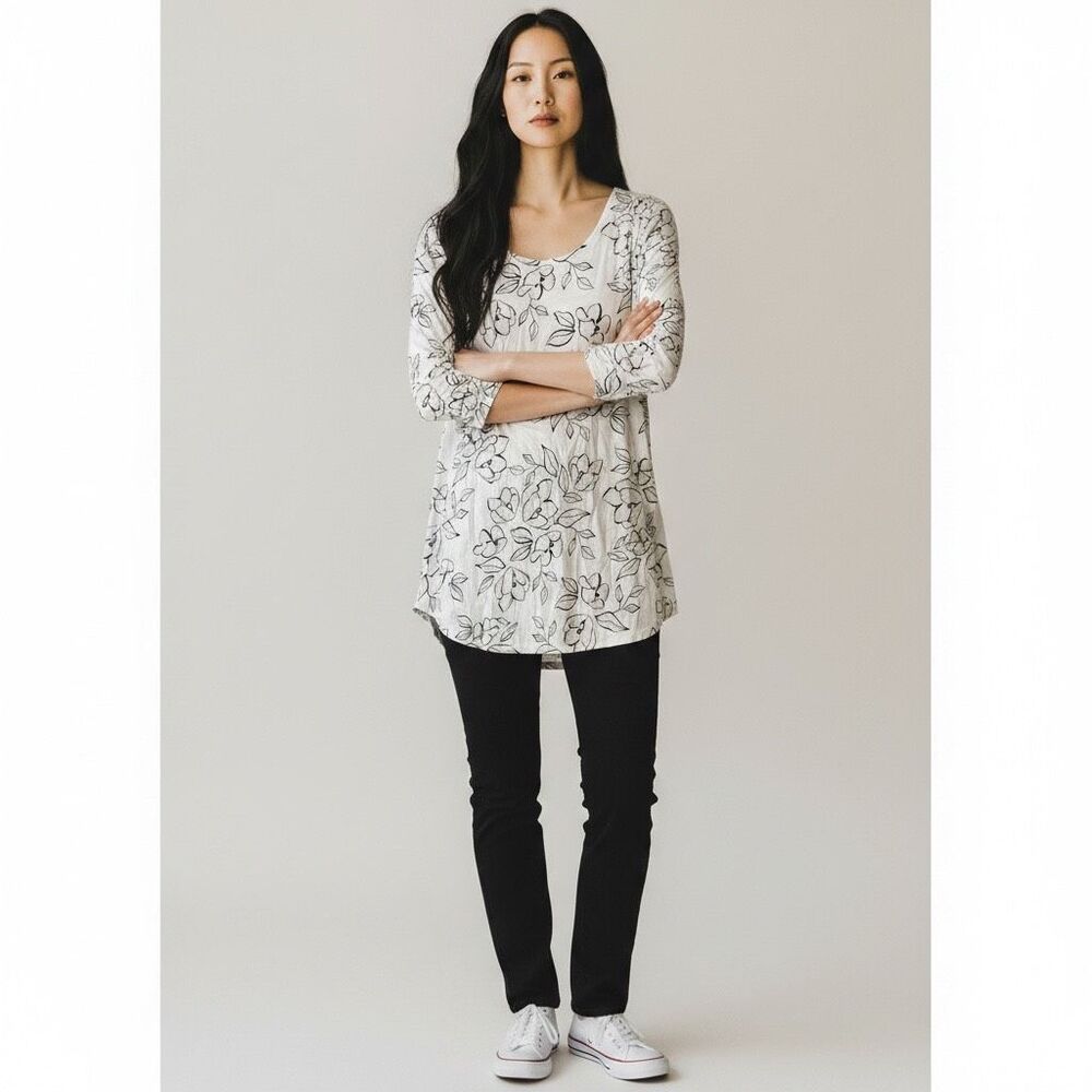 J. Jill Womens Size small grey White Floral Luxe Supima  A-Line Floral Tunic top